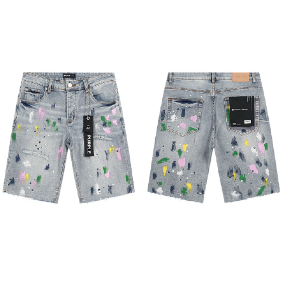 Light Blue Washed Denim Shorts with Multicolor Paint Splatter and Raw Hem